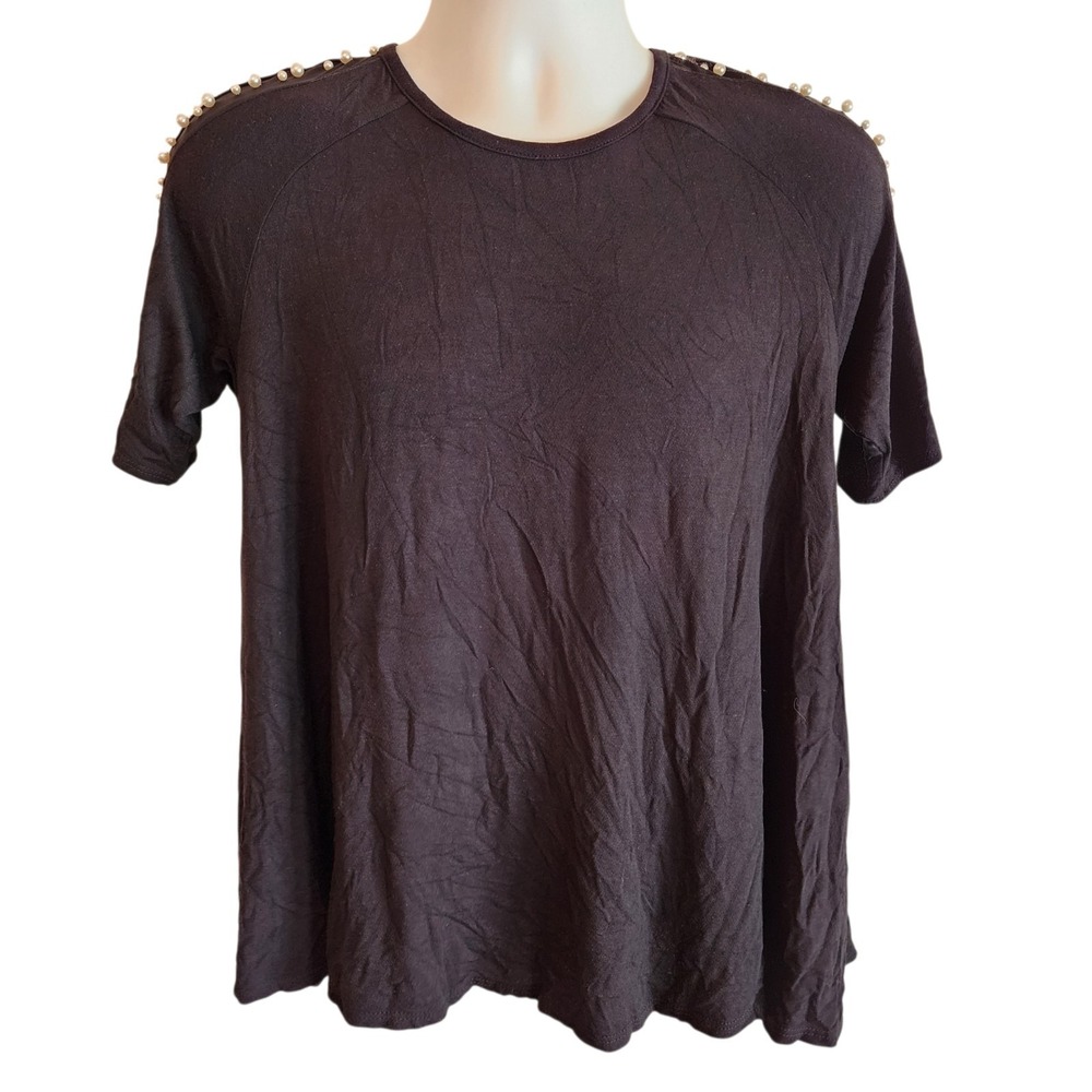Cha Cha Vente Black Pearl Beaded Sleeve Top Womens Medium NWT USA